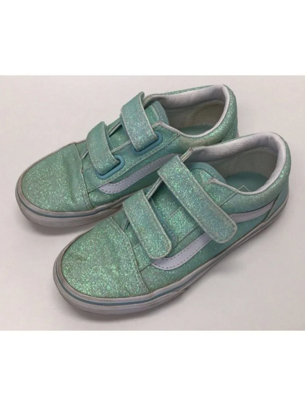 Vans Girls Old Skool V Sneakers Glitter Green Hook And Loop Kids Size 13.5 Shoes